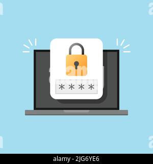 Laptop mit Passwort-Benachrichtigungssymbol in flacher Ausführung. Abbildung des Authentifizierungsvektors auf isoliertem Hintergrund. Anmeldebestätigung unterzeichnen Geschäftskonz Stock Vektor