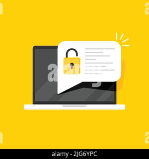 Laptop mit Passwort-Benachrichtigungssymbol in flacher Ausführung. Abbildung des Authentifizierungsvektors auf isoliertem Hintergrund. Anmeldebestätigung unterzeichnen Geschäftskonz Stock Vektor