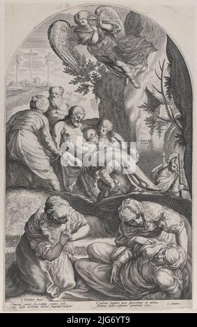 Die Entombment, mit Christi Körper auf einem Blatt in der Mitte getragen, die drei Maries im Vordergrund, und ein Engel über dem Kopf, 1594. Stockfoto