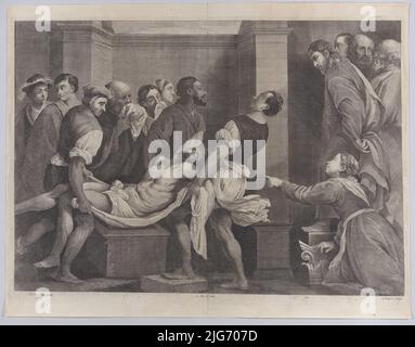 Die Auferweckung des Lazarus, der von drei Männern links getragen wird, während seine Schwester und Christus rechts sehen; aus dem 'Theatrum Pictorium', nach Pordenone, ca. 1656-60. Stockfoto