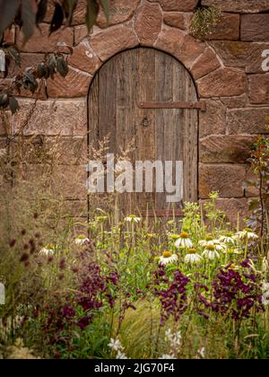 Rustikale gewölbte Holztür in einer Steinmauer, Teil eines Schaugartens beim Hampton Court Palace Gartenfestival. London. Stockfoto