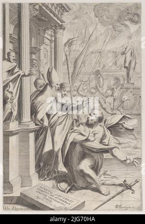 Der heilige Ambrose, der Kaiser Theodosius abstößt, 1652-1711. Stockfoto