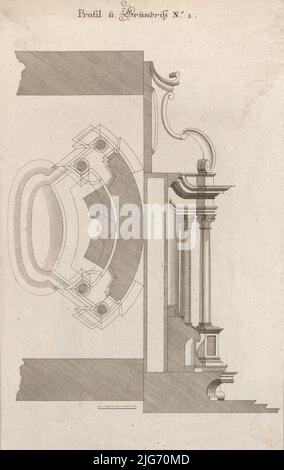 Grundrissansicht und Seitenansicht eines Altars, Platte A (2) aus 'unterschiedliche Neu Inventierte Alt&#XE4;re mit dazu geh&#xf6;Rigen Profilen u. Grundri&#xdf;en.', gedruckt ca. 1750-56. Stockfoto