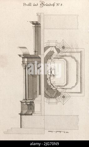 Grundrissansicht und Seitenansicht eines Altars, Platte h (2) aus 'unterschiedliche Neu Inventierte Alt&#XE4;re mit dazu geh&#xf6;Rigen Profilen u. Grundri&#xdf;en.', gedruckt ca. 1750-56. Stockfoto