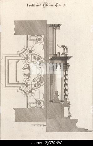 Grundriß und Seitenansicht eines Altars, Platte g (2) aus 'unterschiedliche Neu Inventierte Alt&#XE4;re mit dazu geh&#xf6;Rigen Profilen u. Grundri&#xdf;en.', gedruckt ca. 1750-56. Stockfoto