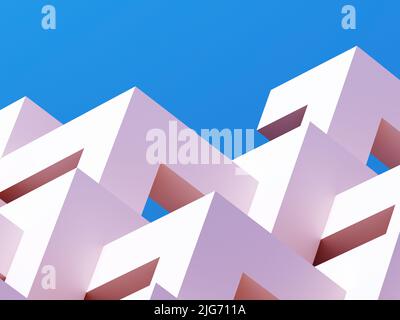 Abstrakte parametrische Architekturvorlage in Pink. Minimale Gebäudefassade unter blauem Himmel, 3D Rendering Illustration Stockfoto