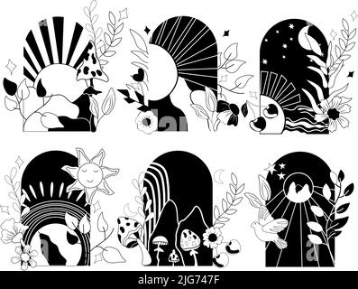 70s groovige Plakate, Retro Schwarz und weiß Sonnenuntergang Hintergrund, Pilz, Blätter, Retro Blumen, Taube. Abstraktes Sunset-Poster. Vintage-Hippie-Style. Vektorgrafik Stock Vektor