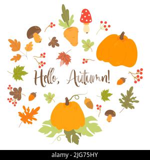Hallo, Herbst. Vector Set saisonale Ernte, essbare Pilze und Eichel, Fliege Agaric, Karotten und Kürbis, Beeren und Herbstblätter. Isolierte Elemente für Stock Vektor