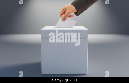 Wahlkonzept. Wähler, der einen Umschlag in eine leere weiße Wahlurne legt, Platz für Text. Dunkler Hintergrund. 3D Rendern Stockfoto