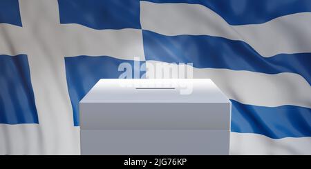 Wahlen in Griechenland. Weiße Wahlurne auf Hintergrund der wehenden griechischen Flagge. Leeres Abstimmfeld mit Steckplatz. 3D Rendern Stockfoto