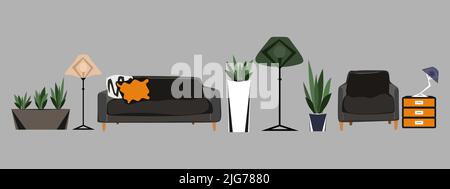 Set von modernen Möbeln und Pflanzen Sammlung. Clipart isolierte Vektor-Innenarchitektur-Elemente. Sofa, Nachttisch, Tischlampe, Stehlampe, Sessel Stock Vektor
