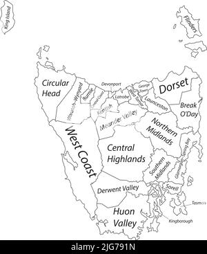 Weiß getaggte Karte der lokalen Regierungsgebiete von TASMANIEN, AUSTRALIEN Stock Vektor