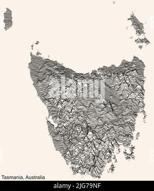 Topographische Reliefkarte des australischen Bundesstaates TASMANIEN, AUSTRALIEN mit schwarzen Konturlinien auf vintage-beigem Hintergrund Stock Vektor