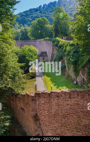 Blick von der Eingangsbrücke in den Burggraben des Heidelberger Schlosses. Baden Württemberg, Deutschland, Europa Stockfoto