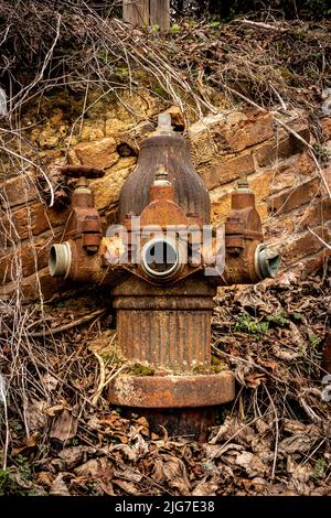 Verlassene, rustikale, historische 3-Loch-Hydrant am Glendale Shoals Preserve in Spartanburg, South Carolina. Umgeben von alten, roten Ziegeln. Stockfoto