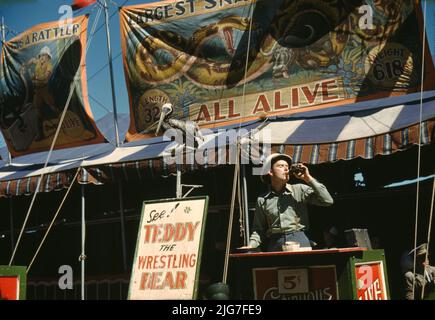 Barker auf dem Gelände der Vermont State Fair, Rutland. Stockfoto