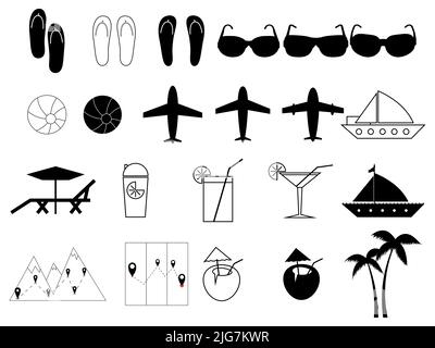 Sommer-Icon-Set. Schwarze Umrisssymbole: Flugzeug, Yacht, Brille, Hausschuhe, Cocktail, Smoothies, Kokosnuss, Chaise und andere. Design für Banner, Promotion Stock Vektor