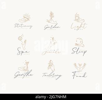 Hand Symbol Vorlagen Stift, Ast, Kerze, Elandelion, Kristall, mond, Schere, Nadel, Blatt in moderner Linienzeichnung auf beigem Hintergrund Stock Vektor