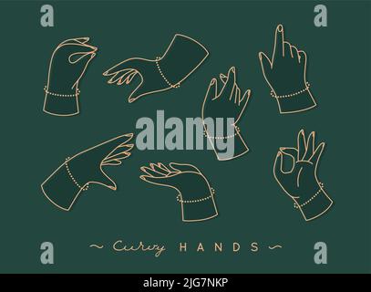 Satz kurviger Hände mit Finger-Symbolen in verschiedenen Positionen, Zeichnung mit smaragdgrüner Farbe auf grünem Hintergrund Stock Vektor