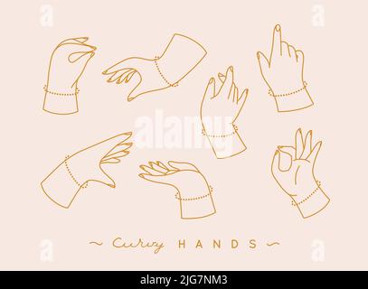 Satz kurviger Hände mit Finger-Symbolen in verschiedenen Positionen, die auf beigem Hintergrund zeichnen Stock Vektor