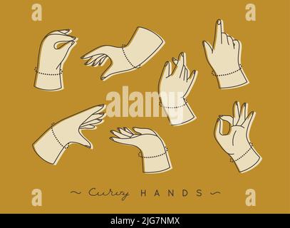 Satz kurviger Hände mit Finger-Symbolen in verschiedenen Positionen, Zeichnung mit beiger Farbe auf Senf-Hintergrund Stock Vektor