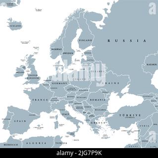 Europa mit einem Teil des Nahen Ostens, graue politische Landkarte. Westlicher Teil des Kontinents Eurasien, in der nördlichen HeWelt gelegen. Stockfoto