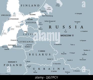 Baltische Staaten und Oblast von Königsberg, graue politische Landkarte. Von Finnland nach Polen, und von der russischen Exklave in das europäische Russland. Stockfoto