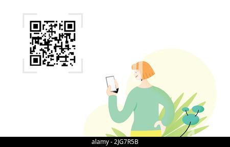 QR-Code Scanning Vorlage Vektorgrafik. Junge Frau hält das Smartphone in der Hand und schaut auf den Bildschirm mit qr-Code im Hintergrund. Stock Vektor