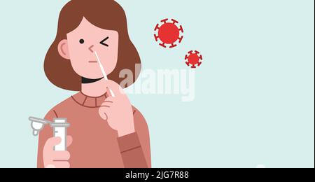 Frau von vorne betrachtet Selbsttests mit einem Nasenabstrich. Covid-19- oder Coronavirus-Positivitätstests mit Antigen-Selbsttest-Kit zu Hause. Stock Vektor