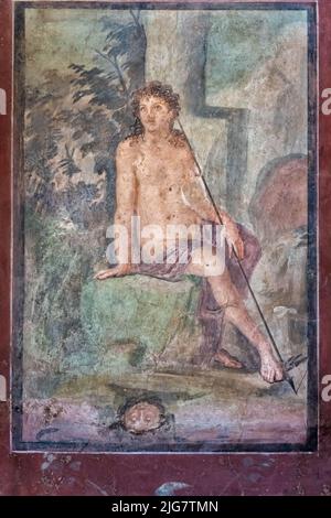 Alte Fresken in Pompeji, der antiken römischen Stadt, die 79 n. Chr. durch den Ausbruch des Vesuv zerstört wurde. UNESCO-Weltkulturerbe. Neapel, Italien Stockfoto