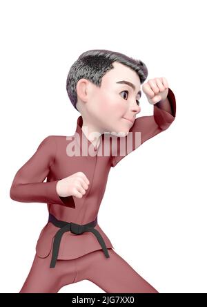 Karate Junge Cartoon ist in Nahaufnahme blockiert, 3d-Illustration Stockfoto