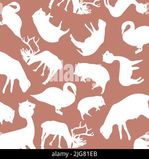 Ein lila Hintergrund mit weißen Cartoon Tiere Muster -Wildtiere Motive Stock Vektor