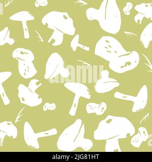 Ein grüner Hintergrund mit weißen Cartoon-Pilzen-Muster Stock Vektor