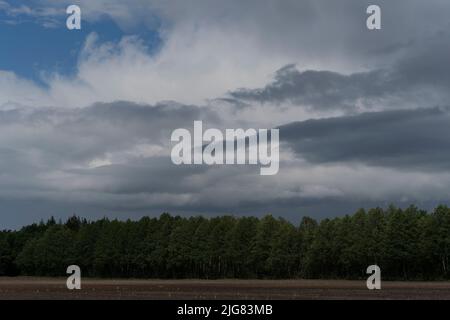 Große Regenwolken über einem landwirtschaftlichen Gebiet kurz vor einem schweren Sturm Stockfoto