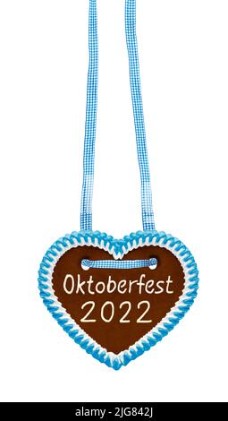 Lebkuchenherz 'Oktoberfest 2022' isoliert auf weißem Hintergrund Stockfoto