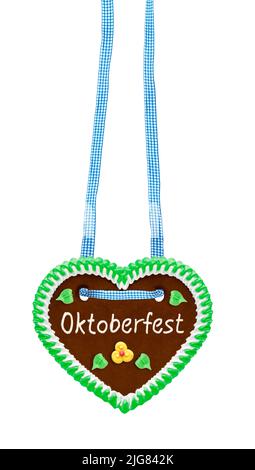 Lebkuchenherz vom Oktoberfest isoliert auf weißem Hintergrund Stockfoto