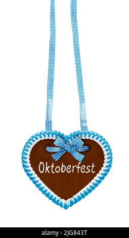 Lebkuchenherz vom Oktoberfest isoliert auf weißem Hintergrund Stockfoto