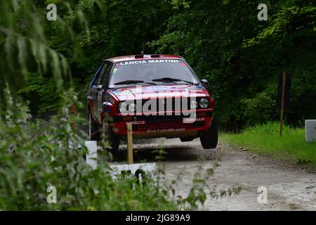 Airbourne, Frank Unger, Thorsten Scheffner, Lancia Delta HF Integrale 16V, Morgendämmerung des modernen Rallyes, Forest Rally Stage, Goodwood Festival of Speed, Th Stockfoto