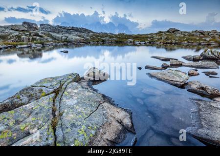 Italien, Trentino, Provinz Trient, kleines feuchtes alpines Gebiet, Teich, Seen von Juribrutto Stockfoto