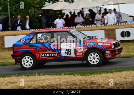 Frank Unger, Thorsten Scheffner, Lancia Delta HF Integrale 16V, Morgendämmerung der modernen Rallye, Forest Rally Stage, Goodwood Festival of Speed, The Innovator Stockfoto