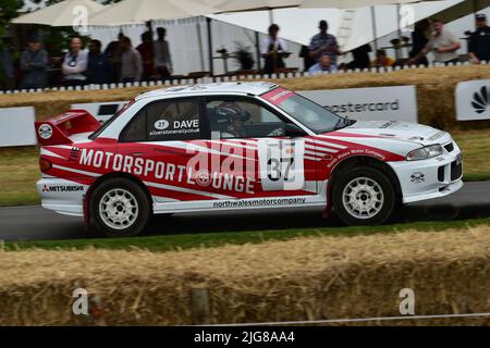 Dave Paveley, Mitsubishi Lancer Evo III, Dawn of Modern Rallye, Forest Rally Stage, Goodwood Festival of Speed, The Innovators - Masterminds of Moto Stockfoto