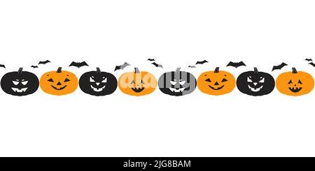 Halloween gruselige Kürbisse nahtlose Muster Grenze. Niedliche unheimlich Kürbis Boo Gesicht Satz Cartoon Design Element Illustration. Halloween-Urlaub Stock Vektor
