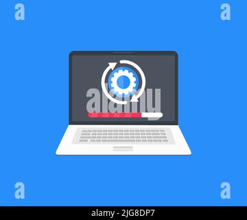 Online-Update, Computer-Einstellungsverfahren, System-Setup-Logo-Design. Installation von Änderungen oder Hardwareanpassungen auf dem Laptop, die Wartung ausführen. Stock Vektor