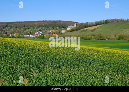 Das Maintal mit Blick auf Schloss Mainberg in Mainberg, Kreis Schweinfurt und seine umliegenden Dörfer, Unterfranken, Franken, Bayern, Deutschland Stockfoto