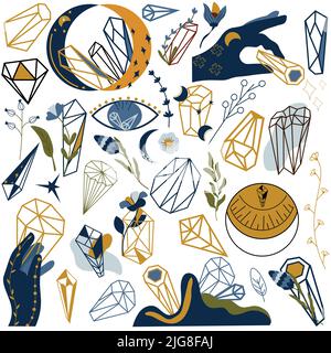 Mystische und esoterische Elemente. Magischer Mond mit Kristallen, Sternen, Edelsteinen, Blumen und Blättern, Kristall in der Hand. Böhmisches Symbol.Vektorgrafik. Stock Vektor