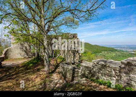 Blick von der Unteren Diepoldsburg, besser bekannt als Rauber Burgruine, auf die Burg Teck. Stockfoto