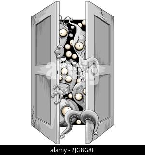 Monster gruselig nette und verängstigte Cartoon-Charaktere hinter einer Tür versteckt. Original Halloween Vektor Kunst isoliert auf weiß Stock Vektor