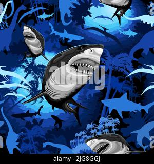Großer weißer Hai auf surrealer prähistorischer Unterwasserlandschaft mit Dinosauriern und Palmen, Vektor Nahtloses Textilmuster Stock Vektor