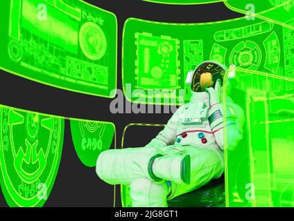 astronaut ist denken und sitzen in einem Bürohofsstuhl in einer virtuellen Realität Szene Vorderansicht, 3d-Illustration Stockfoto