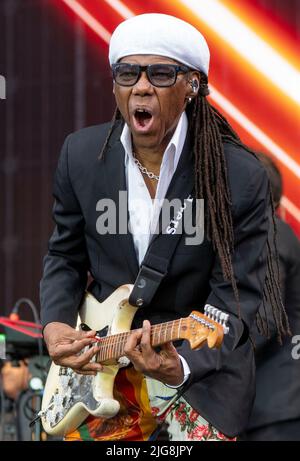 Nile Rodgers und Chic treten am ersten Tag des TRNSMT Festivals im Glasgow Green in Glasgow auf der Hauptbühne auf. Bilddatum: Freitag, 8. Juli 2022. Stockfoto